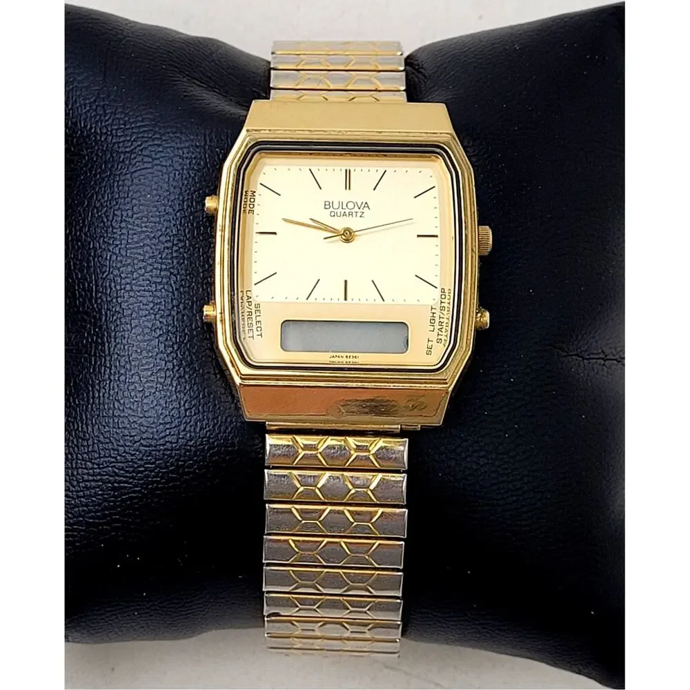 Vintage Bulova P7 82361 Quartz Watch w Digital Window Stainless Steel